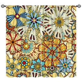 Bohemia Curtains for Kitchen Decor, Vintage Colorful Flowers Bohemian Printed Window Treatments, Retro Rod Pocket Thermal Insulation Drapes for Bedroom Living Room, 42"" W X 45"" L, Style-4
