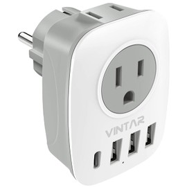Type E/F Plug Adapter, VINTAR Schuko Germany France Adapter Plug,South Korea Outlet Adapter with 1 USB C,3 USB Ports and 2 Outlets, US to EU Spain Iceland Greece Paris German French Korea