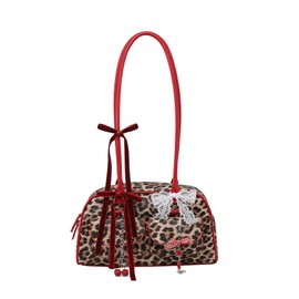 RoseSeek Women's Leopard Print Lace Bow Y2k Shoulder Bag Zipper Top Handle Leather Handbags Multicolor One-Size