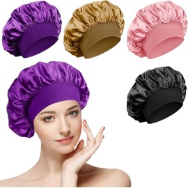 4 Pcs Sombrero de Satén para Dormir,Gorro Rizado Ajustable Gorro para Dormir Gorro de Satén para Ducha para Hombre y Mujer con Banda Elástica Ancha para Pelo,Suave y Cómodo