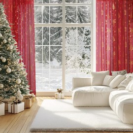 Pony Dance Red Curtains, Linen Look, Transparent Christmas Curtains with Ruffle Tape for Rail, Set of 2, Living Room Curtains with Golden Pattern, Sheer Curtains for Living Room, H 245 x W 140 cm