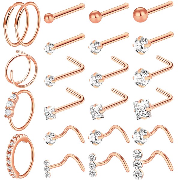 ONESING 23 Pcs Nose Rings for Women 20G Nose Piercing Jewelry L Shape Nose Studs Nose Rings Hoop Nose Jewelry Rose Gold Stainless Steel Studs Screw Body Piercing Jewelry for Women Men