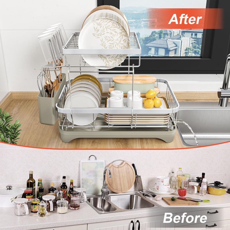 HOMEAILIE 2-Tier Dish Drying Rack for Kitchen Counter, 304 Stainless