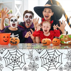 Halloween Horror Thriller Theme Black and White Spiderweb Tablecloth for Festival Party Decoration White + 137*274cm 10ea