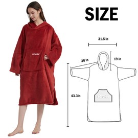 Hiturbo Plush Changing Robe, Fluffy Wearable Blanket, Soft Oversize Hooded Towel Surf Poncho with Pocket for Aquatics & Home (Red)