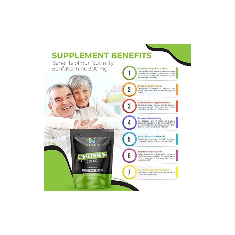 Nutrality Benfotiamine Supplement 300mg 60 Caps - Vitamin B1 Fat-Soluble