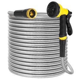 AMOOX Stainless Steel Metal 25FT Garden Hose, Flexible, Kink-Free, Lightweight, Crush Resistant Fittings Heavy Duty Water Hoses with Nozzles Water Hose for Yard, RV, Garden, Outdoor