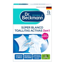Dr. Beckmann, Súper Blanco Toallitas Activas, Evita el Percudido, Combate Manchas Grises y Amarillas, Telas Blancas, Sin Cloro, Calidad Alemana, 1 Caja con 15 Toallitas