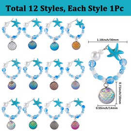 SUNNYCLUE 1 Box 12Pcs Sea Wine Glass Charms Beaded Wine Charms Bulk Resin Blue Summer Ocean Beach Hawaii Starfish Pearl Identifier Drinks Tags for Stem Glasses Tasting Parties Decoration Findings