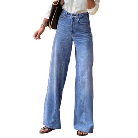 Necooer Women's Oversize Denim Jeans High Waist Casual Washed Stretchy Boyfriend Trendy Straight Pants Stretchy Wide Leg Jeans Light Blue