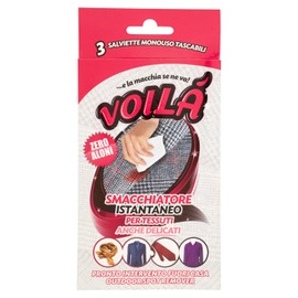 Voilà, Smacchiatore Istantaneo, Salviette Monouso, Trattamento utilizzabile su tessuti delicati, seta, cashmere, zero aloni, Blister da 3 bustine monodose