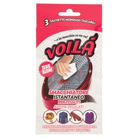 Voilà, Smacchiatore Istantaneo, Salviette Monouso, Trattamento utilizzabile su tessuti delicati, seta, cashmere, zero aloni, Blister da 3 bustine monodose
