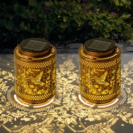 Adebime 2 Pack Solar Lanterns Outdoor Waterproof Hummingbird and Iris Hanging Garden Lights with Metal Build Decorative Warm Light Solar Lamps for Patio Yard Gifts for Women