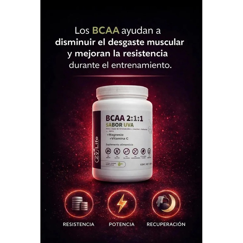 Bcaa 211 Sabor Uva Cont. 500 Gr Recuperación Muscular Uva
