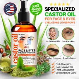 SELFWISE Organic Castor Oil For Face Moisturizer, Eyes, Eyelashes, Eyebrows, Wrinkles with Jojoba, Rosehip, Grapeseed, Squalane, Palmarosa, Bergamot and Vitamin E for Gentle Skin, Men & Women 4oz