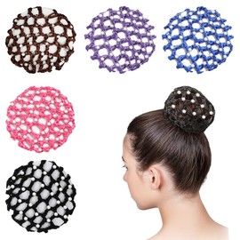 BEPSYOM Pack of 5 Hair Nets Ballet Bun Net Crystal Hair Net Ballet Hair Net Bun Nets Glitter (with Rhinestones)