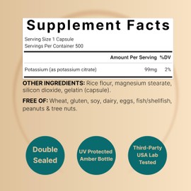 Potassium Citrate Supplement 99mg, 500 Capsules | Easily Absorbed Chelated Form – Essential Mineral Electrolyte Balance – Supports Muscle, Bone, & Heart Health – Non-GMO