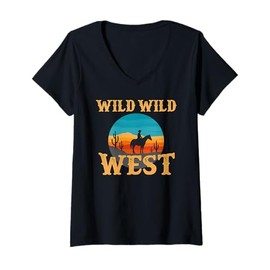 Womens Wild Wild West Cowboy Silhouette Saguaro Cactus Sunset V-Neck T-Shirt