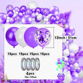 Mbsomnus Pack of 60 Balloons Birthday Purple Balloons Wedding 30 cm Balloons Metallic Purple Confetti with Streamers Purple White Helium Latex Balloons for Graduation Children Party Birthday