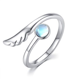Twoowl Angel Wing Ring for Women 925 Sterling Silver Moonstone Feather Ring Adjustable Rings Angel Jewelry Gifts for Women