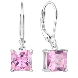 Vesitim Square Dangle Drop Earrings Sterling Silver Solitaire Leverback Earring 7MM Princess Cut Created Pink Tourmaline Jewelry for Women