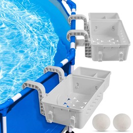 2 Pack Poolside Storage Basket, Above Ground Pool Accessories, Poolside Storage Basket with Cup Holder Hooks, Swimming Pool Storage Basket with Filter Ball, Pool Storage Bin for Most Above Pool, Grey