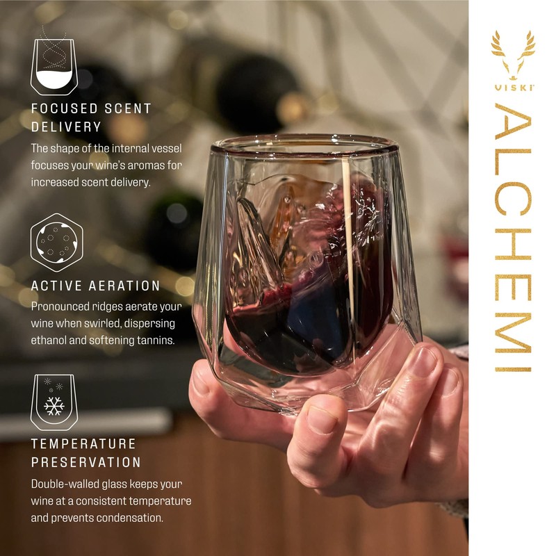 Viski Alchemi Aerating Wine Glass, Double Walled Tasting Tumbler for