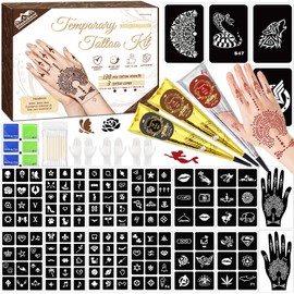 146pcs Temporary Tattoo Kit, Suit for Teens Beginners & Adults – 3 Tattoo Pastes Black/Maroon/Red, 136pcs Reusable Stencils Designs, DIY Body Art Skin Painting for Festivals, Parties Makeup