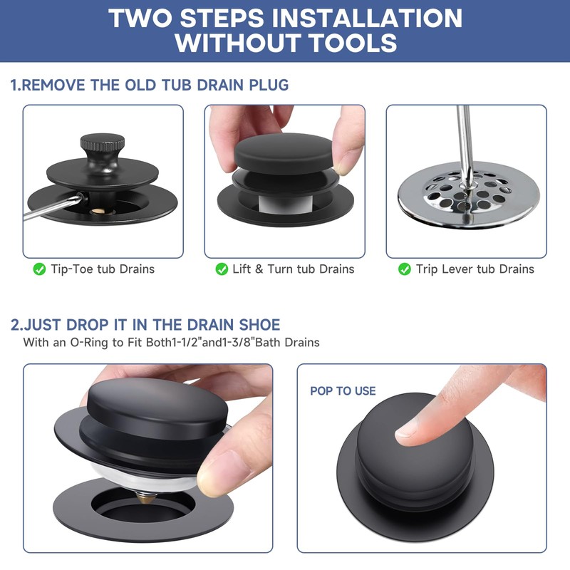 Matte Black Universal Tip Toe Tub Stopper Replacement, Pop Up