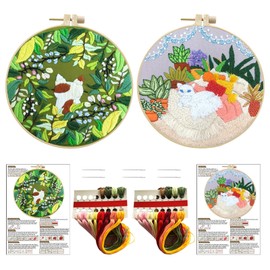 DKDDSSS 2 Pack Embroidery Kit, Embroidery Starter Kit, Cross Stitch Kit, with Pattern and Instructions, with cat Pattern, 2 Pcs Embroidery Hoops, for Beginners Adults Kids