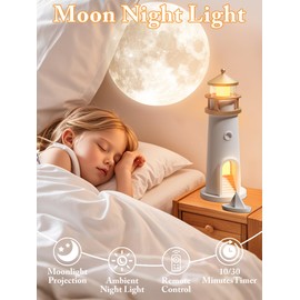 Moon Lamp Projector Night Light for Kids,Lighthouse Decor Lamps with Remote Control,LED Aesthetic Table Lamp,2400mAh Rechargeable Moon Light Galaxy Projector for Bedroom Nightlight,Christmas Gifts