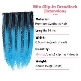 24 Inch Clip in Dreadlock Hair Extensions 10Clips Mixed Handmade Soft Curly Boho Wavy Synthetic Dreads Extensions for Women,1B/Blue