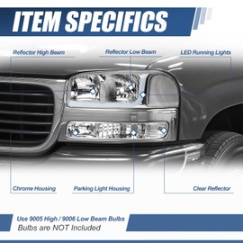 Auto Dynasty 4Pcs LED DRL Headlights Assembly Compatible with 1999-2007 GMC Sierra Yukon XL GMT800/820, Headlamps with Bumper Lamps and L-Style Light Bar, Driver and Passenger Side, Chrome/Clear