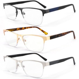 Reading Glasses for Men Blue Light Blocking,Fashion Metal Half Frame Readers with Flexible Spring Hinge,Anti Glare/Eye Strain/UV Computer Eyeglasses 3-Pack,Magnification Strength +1.5