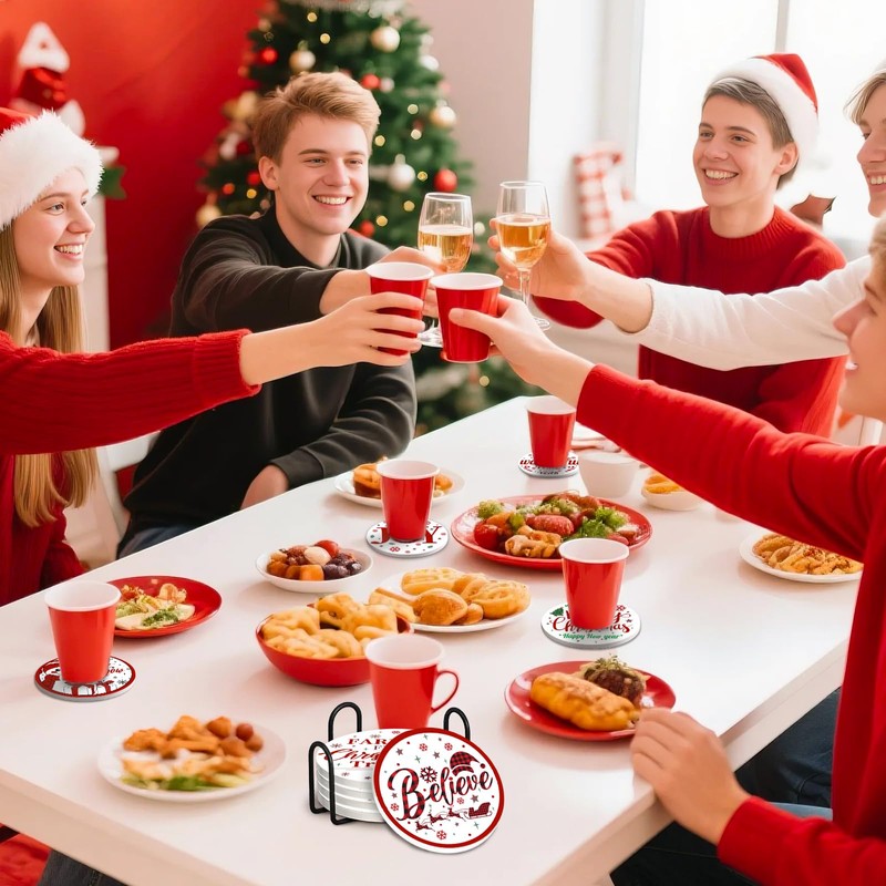 Christmas Coasters Set of 6, Round Ceramic Xmas Coasters with