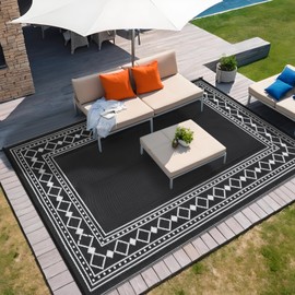 Waterproof Outdoor Rug 9x12 Ft, Reversible Plastic Straw Rug, Easy to Clean Modern Bordered Patio Rug, Portable Carpet for Patio, RV, Deck, Balcony, Backyard, Picnic, Beach, Clover, Black/White
