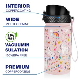 GOPPUS Kids Insulated Water Bottle - 14 Oz BPA Free 18/8 Stainless Steel Travel Bottle with Straw Water Bottle with Double Wall Vacuum Leak Proof Kids Cup for School Boys Girls, Unicorn Fields
