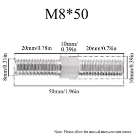 Pack of 4 Stainless Steel 304 Hexagonal Head Bolt Rods with Double End, Left/Right Threaded Rods with Double End Threaded Rod Bolts, M8 x 50 mm