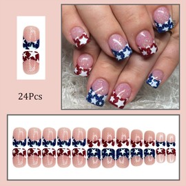 Independence Day Press on Nails Short Square False Nails with Star Designs French Fake Nails Glitter 4th of July Acrylic Nails Glue on Nails Patriotic Artificial Nails Stick on Nails for Women 24Pcs