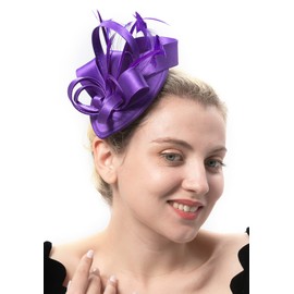 FELIZHOUSE Fascinator Hats for Women Ladies Feather Cocktail Party Hats Bridal Headpieces Ascot Fascinator Headband (#1 Satin Purple)