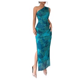 Milumia Women's Printed One Shoulder Bodycon Dresses Sleeveless Asymmetrical Neck Ruched Slit Maxi Dress Green