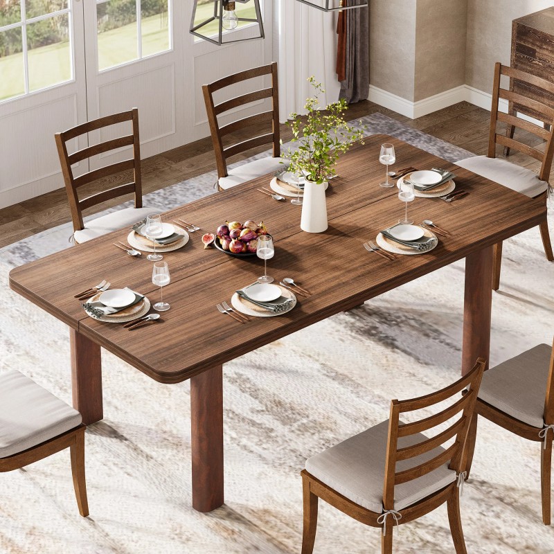 Farmhouse Wood Dining Table for 4-6 People Large Rectangle Kitchen