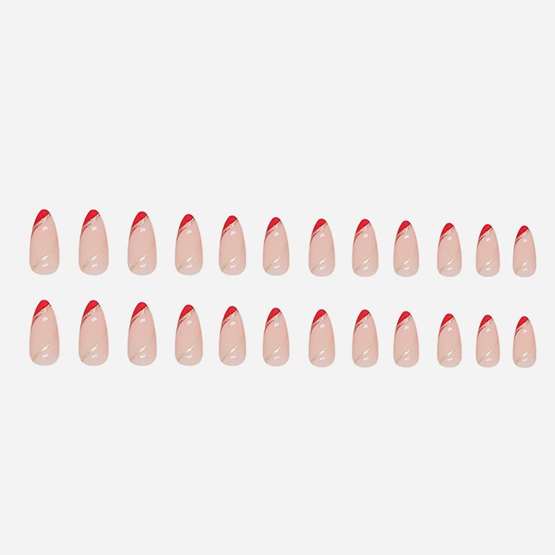 RikView French Tip Press on Almond Acrylic Red Glossy Full