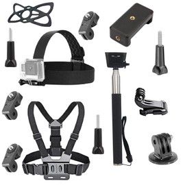 4 in 1 Universal Action Camera Accessories Kit Head Strap Mount/Chest Harness/Selfie Stick/Phone Holder Compatible with Gopro Hero 12 11 10 9 8/Insta360 One Camera/Mobile Phones
