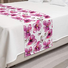 Ambesonne Watercolor Bed Runner, Flowering Orchid Branches Spring Time Feng Shui Inspired Bouquet, Decorative Accent Bedding Scarf for Hotels Homes and Guestrooms, Pale Orange Fuchsia