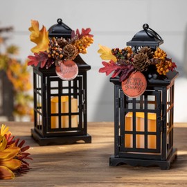 Orchid & Ivy Set of 2 11-Inch Rustic Black Metal Thanksgiving Lantern Light Up LED Flameless Candle Holders w/ Timer, Fall Leaves, Berries – Decorative Autumn Home Decor Indoor Tabletop Decoration