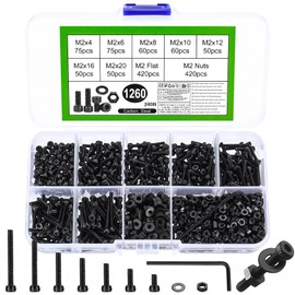 1260 Pcs M2 Screws Set, M2 Bolts and Nuts Set, Hex Socket Cap Head Screws Bolts Nuts Sets, Small Nuts and Bolts Assortment Kit, Black Machine Screws and Nuts and Flat Washers, M2 Nuts and Bolts Set