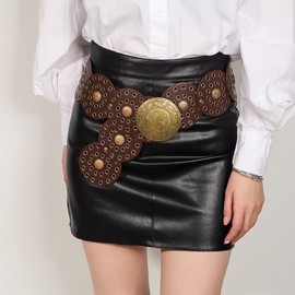 LIMHOO Wide Disc Belt for Women Leather Hollow Out Round Belt Boho Western Waist Belt (A Brown-S)