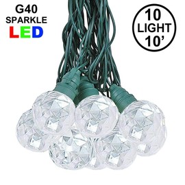 10 Foot LED G40 Sparkle Outdoor Patio String Lights with 10 Pure White Globe Bulbs – Market Bistro Café Hanging String Lights – C7/E12 Base - Green Wire