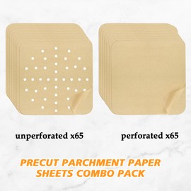 Golden Associate 12 x 12 inch Parchment Paper Liners Disposable 130 Pcs, Perforated &without Holes Sheets Combo, 65-Pcs Each, Air Fryer Toaster Oven Square Tray Basket Baking Pan Accessories